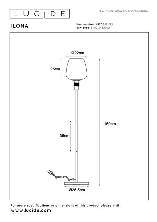 Lucide ILONA - Lámpara de suelo - Ø 34 cm - 1xE27 - Ámbar - técnico